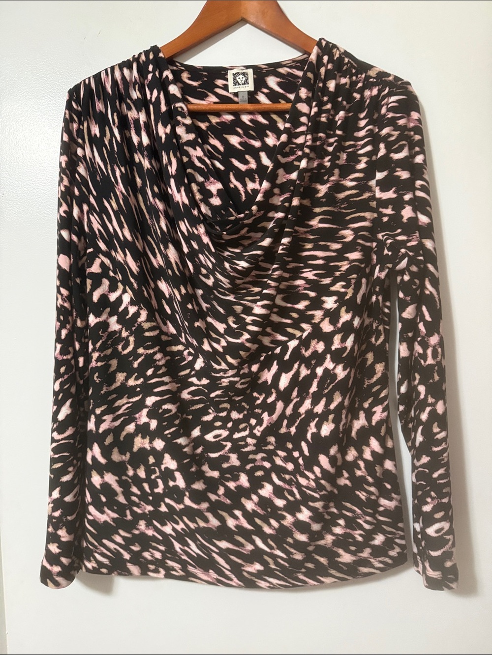 Anne Klein Pink and Black Animal Print Cowl Neck Long Sleeve Top